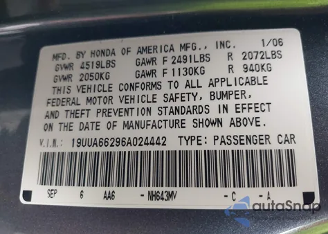 2006 Acura Tl z USA, uszkodzony, nr VIN 19UUA66296A024442